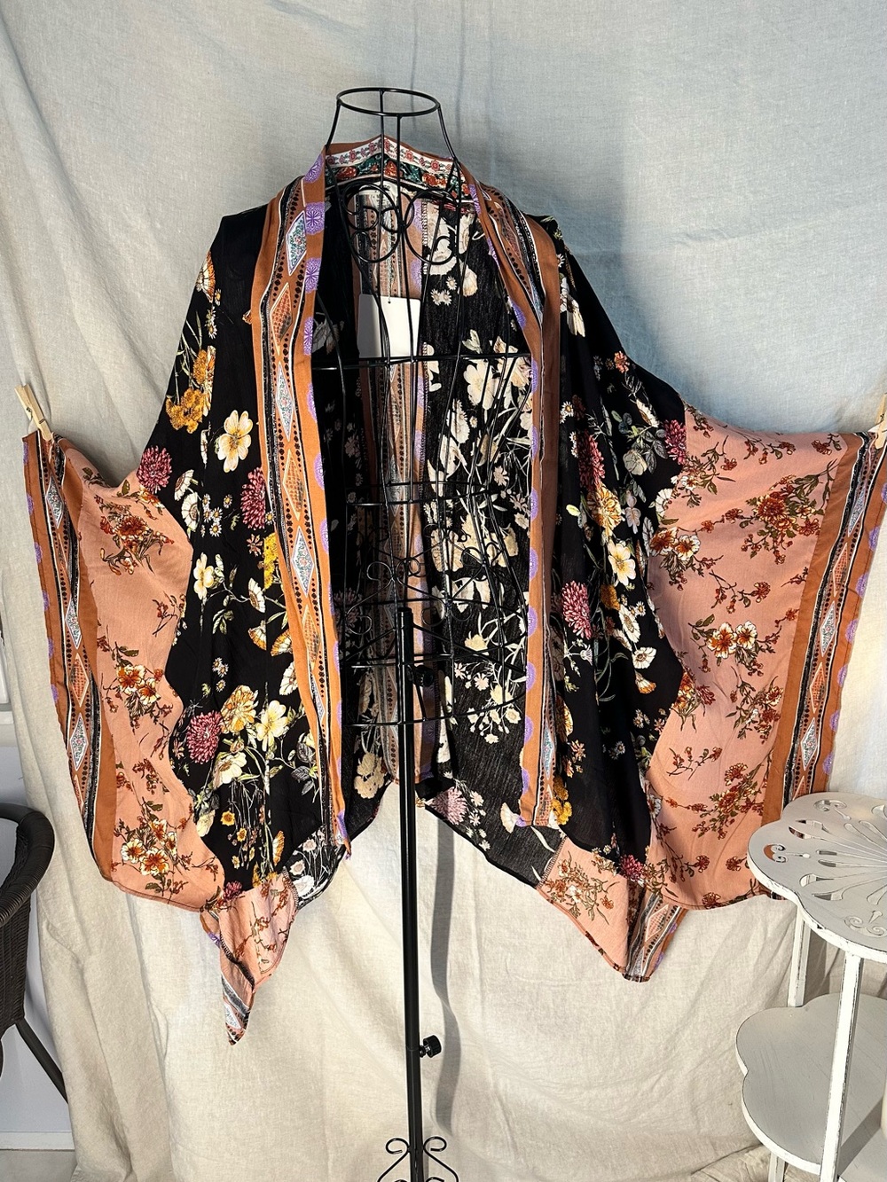 Umgee Vintage style Black Floral Boho Kimono